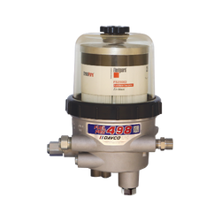 Fuel Pro fuel filtration system image featuring a cylindrical filter with a clear top housing and a sturdy metal base.