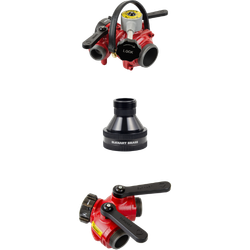 Elkhart Brass firefighting appliances, including red wye valves and a black water‑flow adapter.
