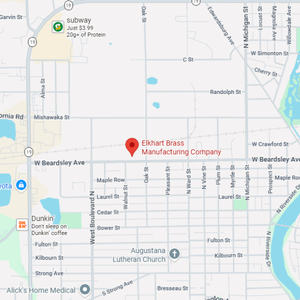 Map showing the location of Elkhart Brass in Elkhart, Indiana.