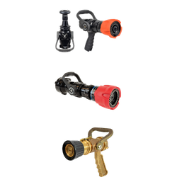 Elkhart Brass firefighting nozzles, including black, red, and brass models designed for water‑flow control.