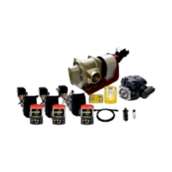 Accumax Fury & Fusion foam proportioning system kit with pump, control modules, wiring harness, sensors, and hardware components.